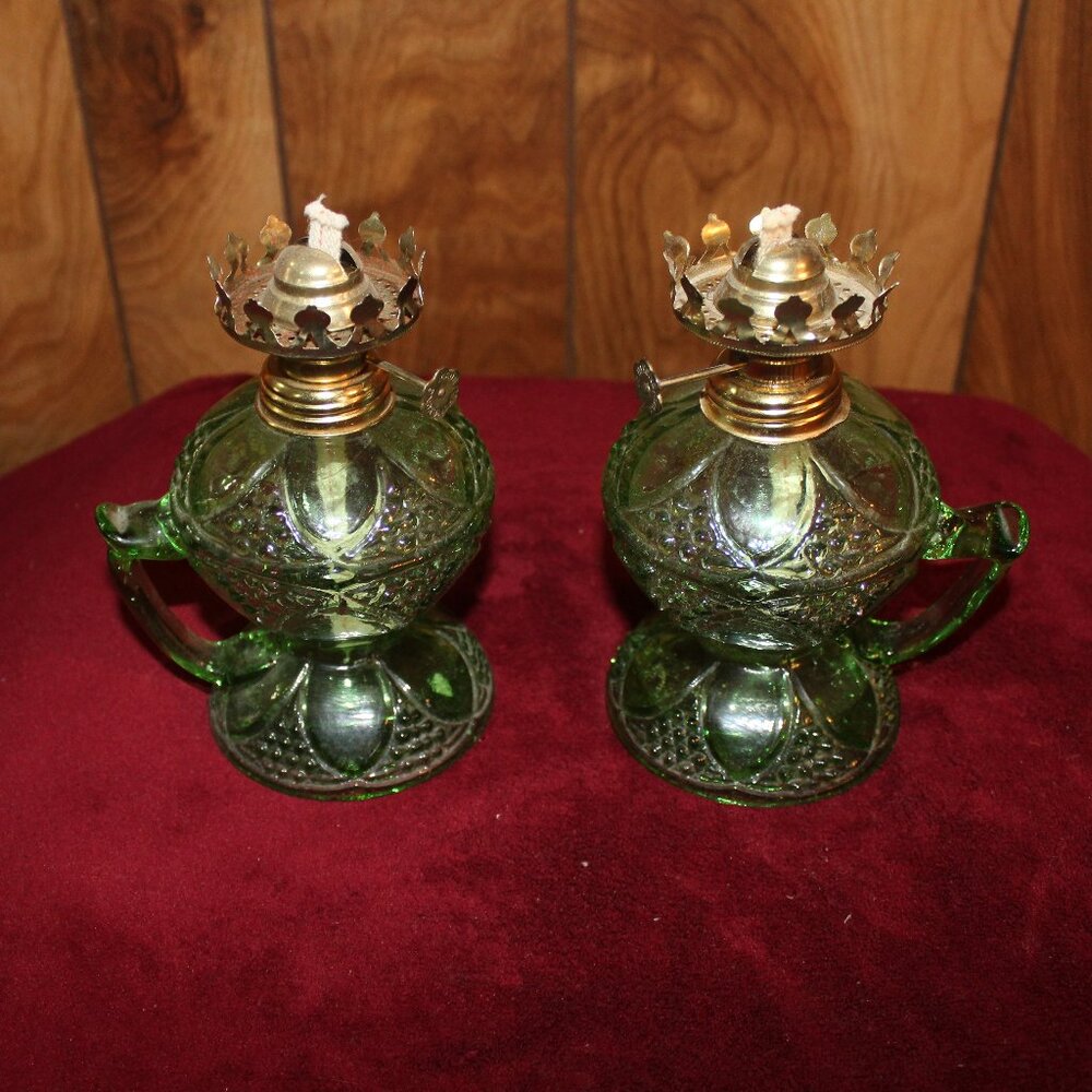 Vintage Green Glass Oil Table Lamps, Made in Hong Kong